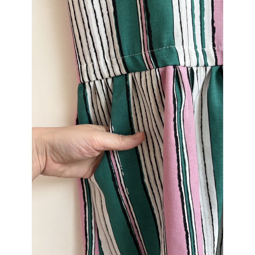 Retro Mod Pink Green Stripe Resort Mini Dress S Babydoll Drop Waist Pocket Twee - Picture 5 of 7